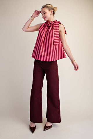 Burgundy Ruffle Neck Tie Sleeveless Stripe Top - The Edit LLC