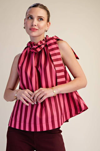 Burgundy Ruffle Neck Tie Sleeveless Stripe Top - The Edit LLC
