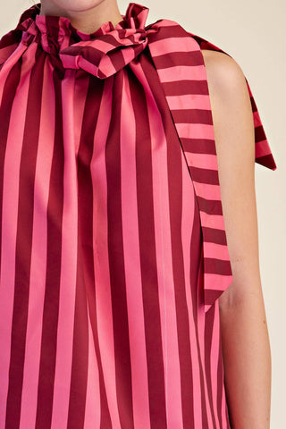 Burgundy Ruffle Neck Tie Sleeveless Stripe Top - The Edit LLC