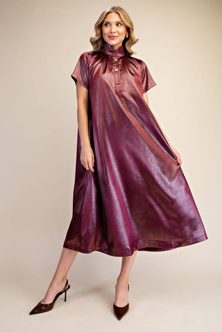 Burgundy Stand High Neck Shimmering Midi Dress - The Edit LLC