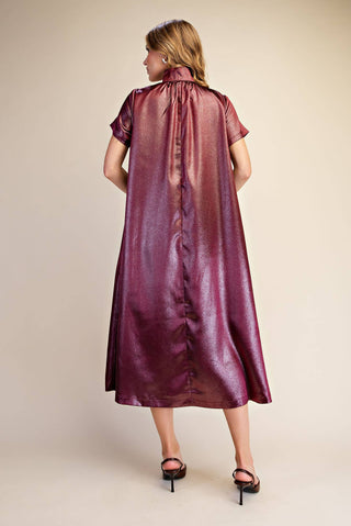 Burgundy Stand High Neck Shimmering Midi Dress - The Edit LLC