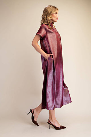 Burgundy Stand High Neck Shimmering Midi Dress - The Edit LLC