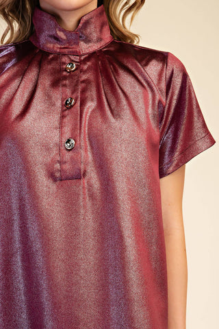 Burgundy Stand High Neck Shimmering Midi Dress - The Edit LLC