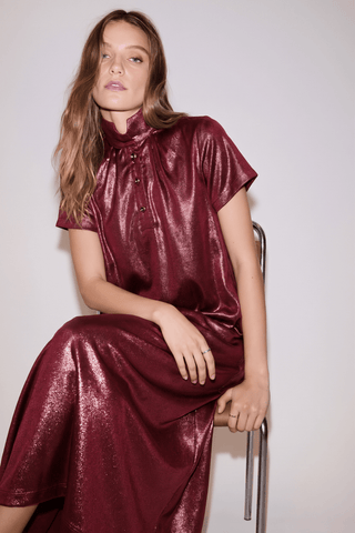 Burgundy Stand High Neck Shimmering Midi Dress - The Edit LLC