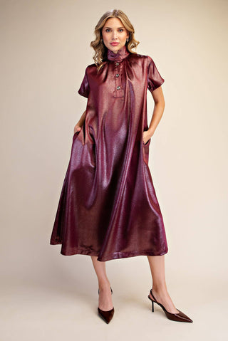 Burgundy Stand High Neck Shimmering Midi Dress - The Edit LLC