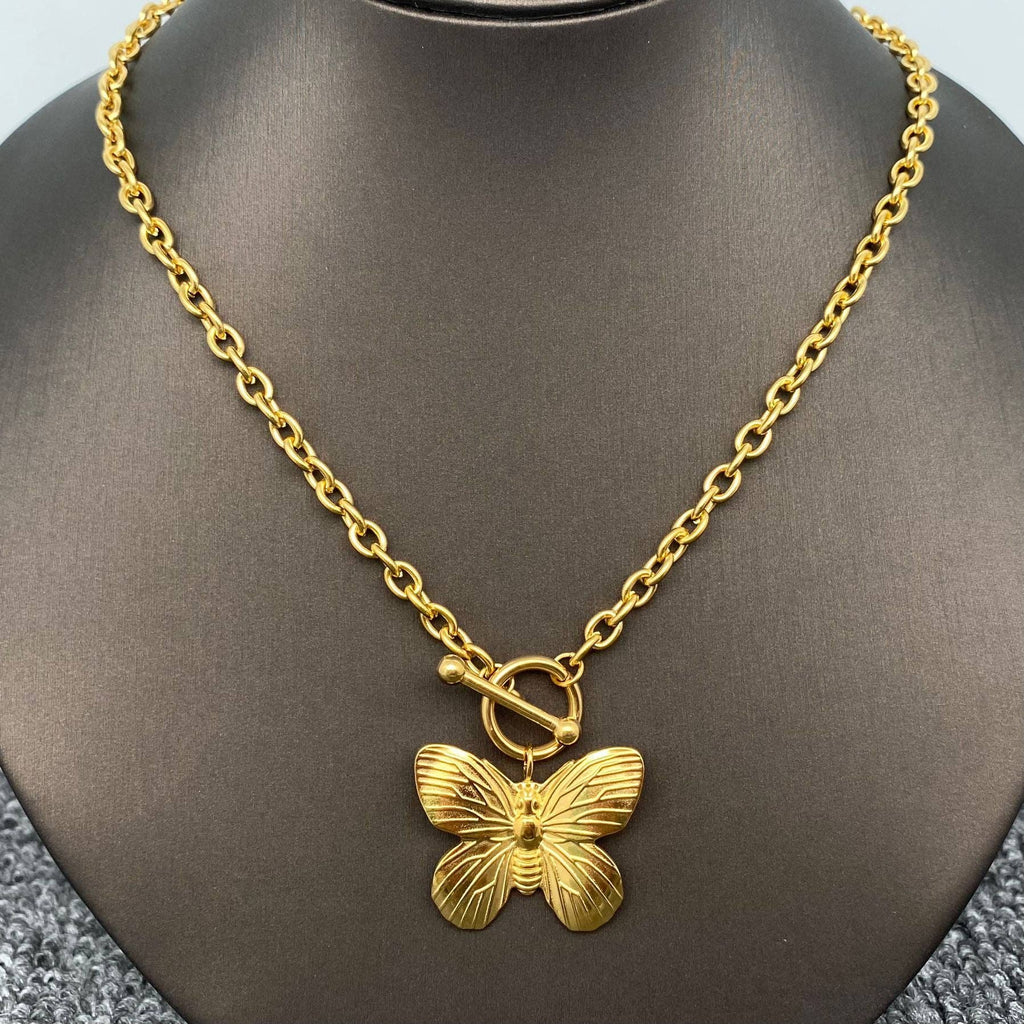 Butterfly Charm 18K Gold Plated Steel OT Buckle Necklace - FGS - The Edit LLC