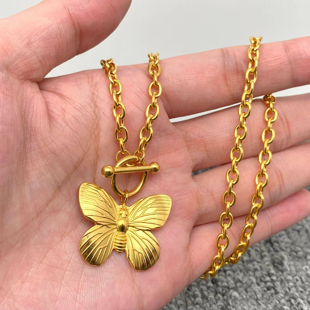 Butterfly Charm 18K Gold Plated Steel OT Buckle Necklace - FGS - The Edit LLC