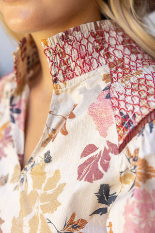 Smocked Shoulder Detail Floral Print Raglan Top