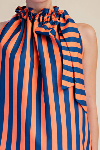 Navy/Orange Ruffle Neck Tie Sleeveless Stripe Top