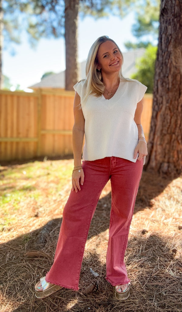 Cabernet - Want It That Way Frayed Straight Wide Leg Pants - The Edit LLC