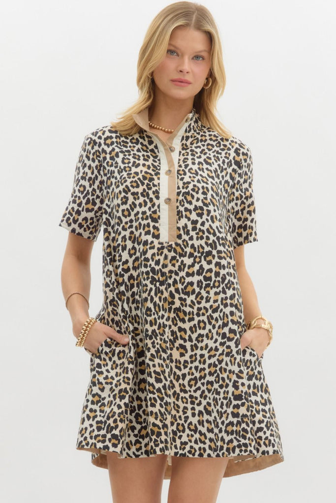 Camel & Leopard Button Up Dress - The Edit LLC