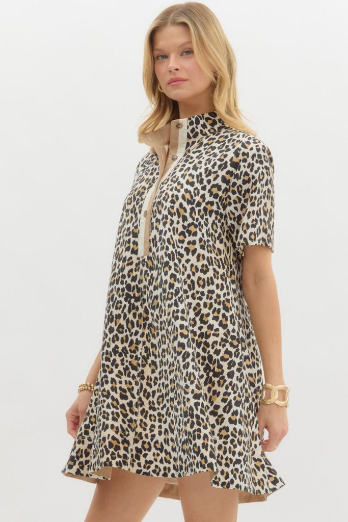 Camel & Leopard Button Up Dress - The Edit LLC