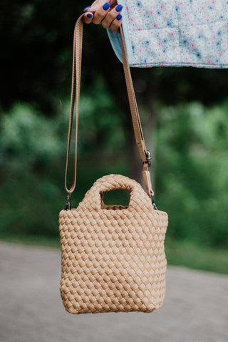 Camel Woven Crossbody Bucket Bag - The Edit LLC