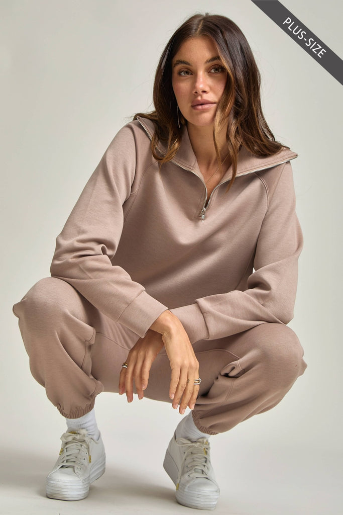 Cappuccino PLUS SIZE Quarter Zip Pullover + Jogger Modal Travel Set - The Edit LLC