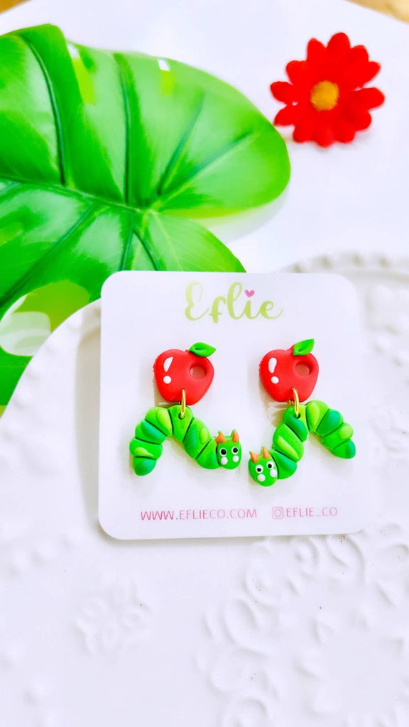 Caterpillar With Apple Earrings Back To School Teacher Appre: Gold Plated - The Edit LLC