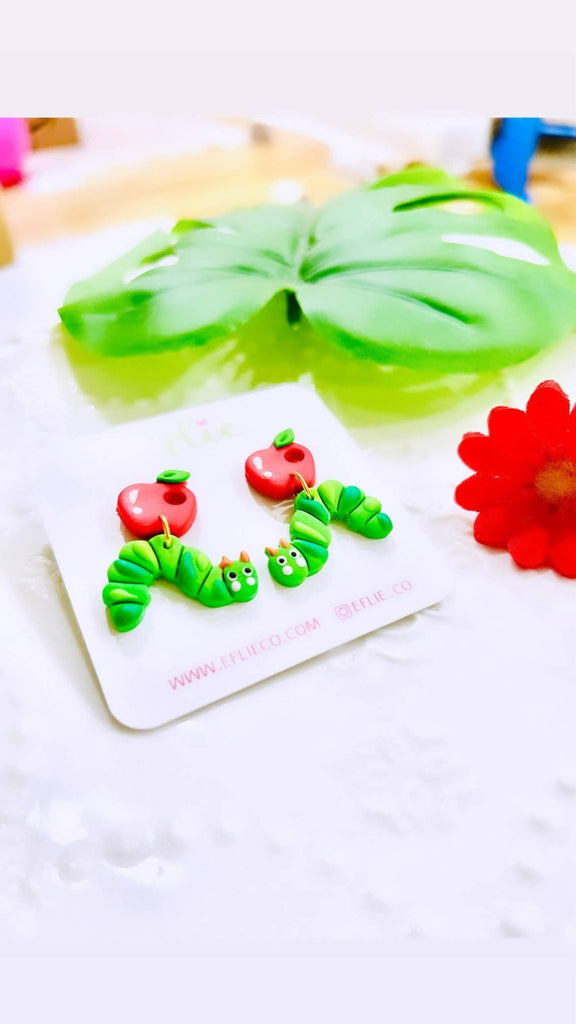 Caterpillar With Apple Earrings Back To School Teacher Appre: Gold Plated - The Edit LLC
