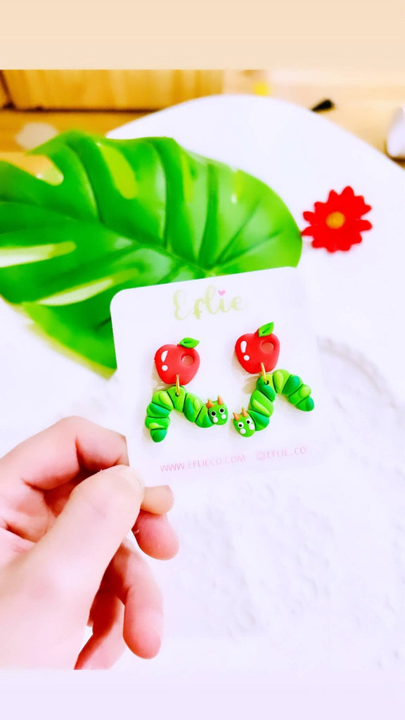 Caterpillar With Apple Earrings Back To School Teacher Appre: Gold Plated - The Edit LLC