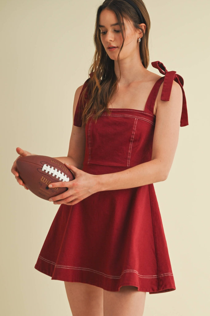CD18005 - STRAP TIE FLOWY MINI DRESS: Burgundy / S - The Edit LLC