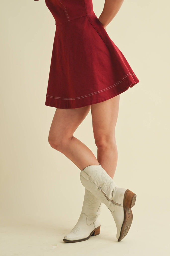 CD18005 - STRAP TIE FLOWY MINI DRESS: Burgundy / S - The Edit LLC