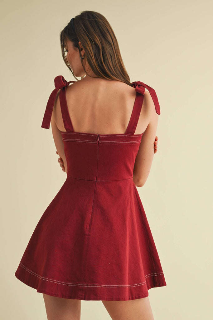 CD18005 - STRAP TIE FLOWY MINI DRESS: Burgundy / S - The Edit LLC