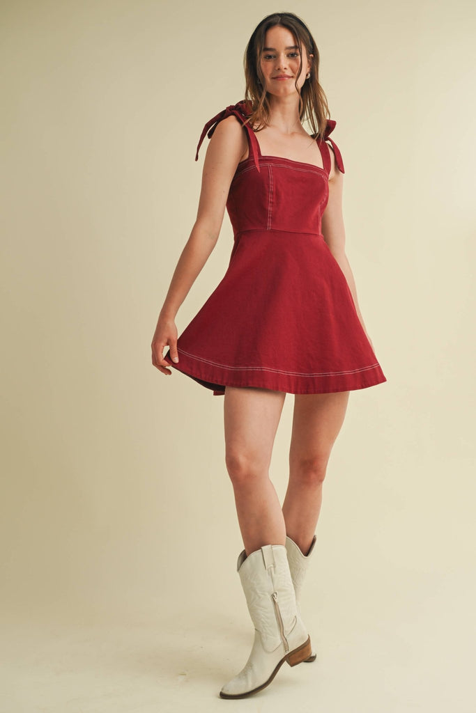 CD18005 - STRAP TIE FLOWY MINI DRESS: Burgundy / S - The Edit LLC