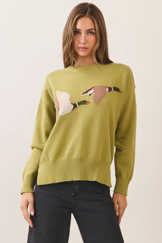 Green Flying Duck Intarsia Crew Neck Sweater
