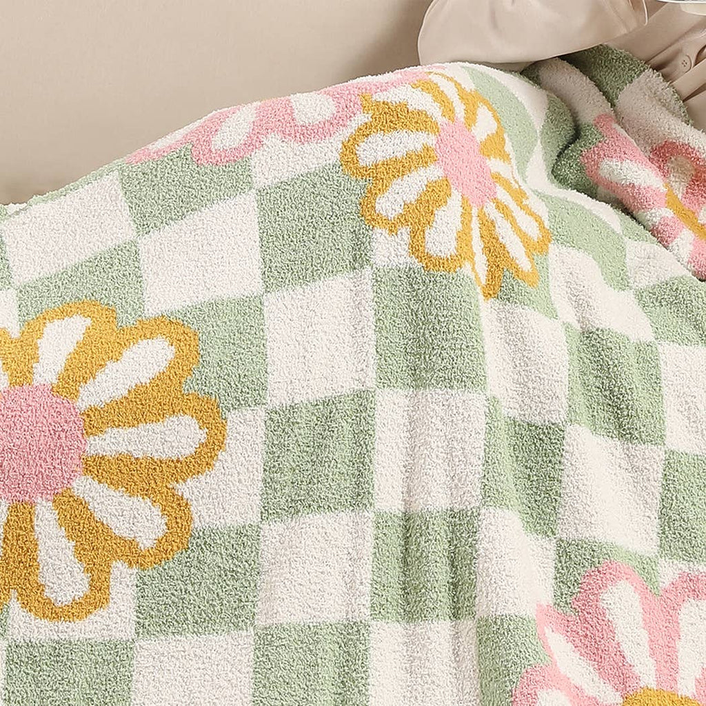 Checkered Floral Print Cozy Soft Throw Blanket : GREEN / ONE SIZE - The Edit LLC
