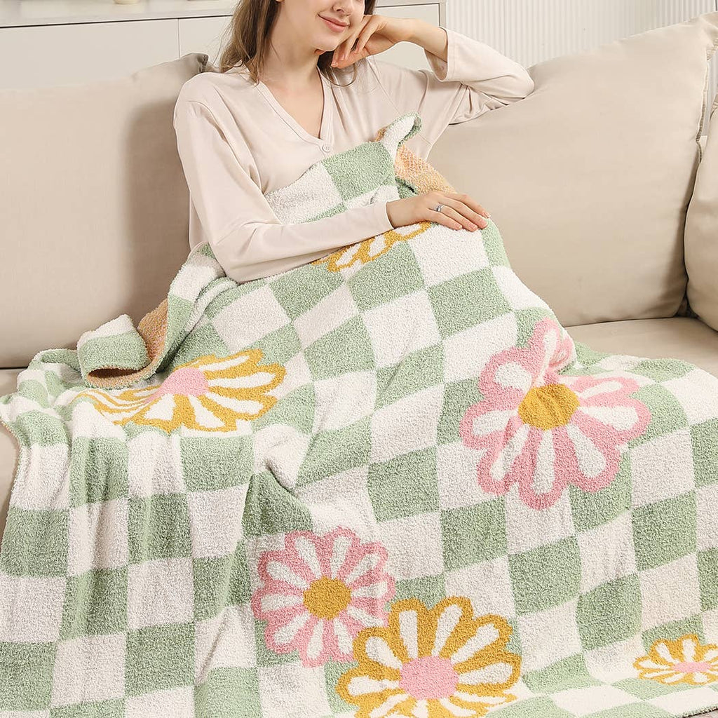 Checkered Floral Print Cozy Soft Throw Blanket : GREEN / ONE SIZE - The Edit LLC