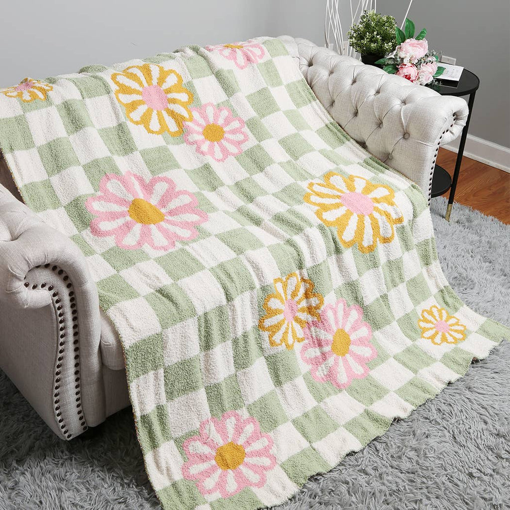 Checkered Floral Print Cozy Soft Throw Blanket : GREEN / ONE SIZE - The Edit LLC