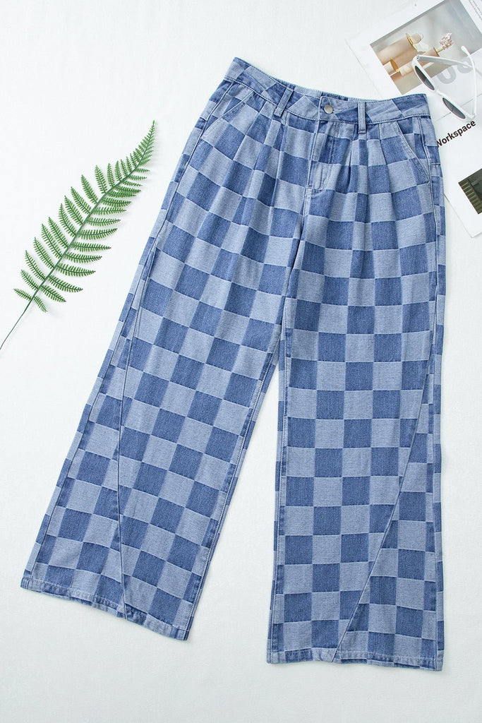 Checkered Wide Leg Denim Pants - The Edit LLC