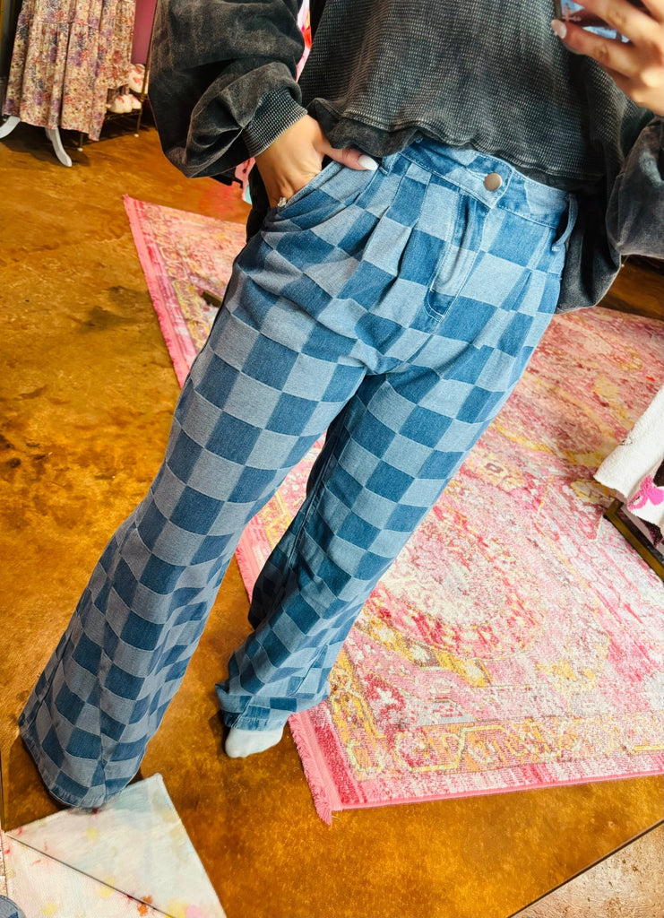 Checkered Wide Leg Denim Pants - The Edit LLC