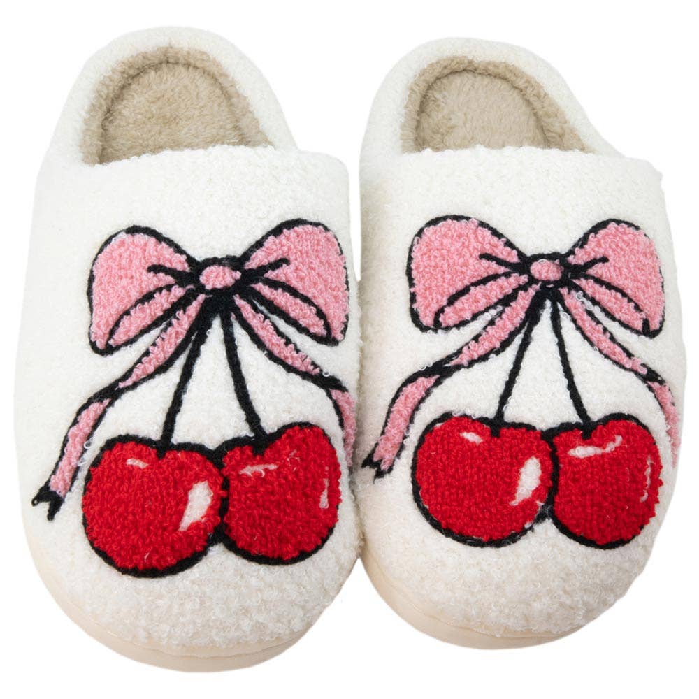 Cherry Bow Fuzzy Slippers For Women: White / L/XL - The Edit LLC