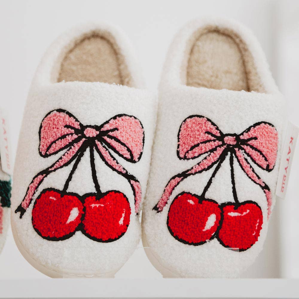 Cherry Bow Fuzzy Slippers For Women: White / L/XL - The Edit LLC