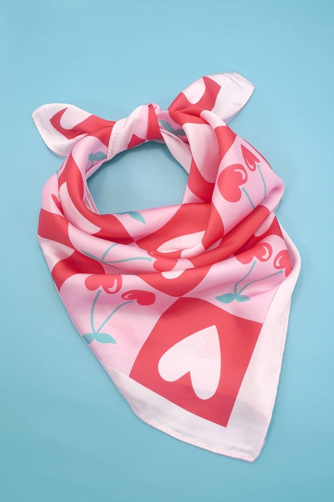 CHERRY HEART SILKY FEEL BANDANA SCARF - The Edit LLC