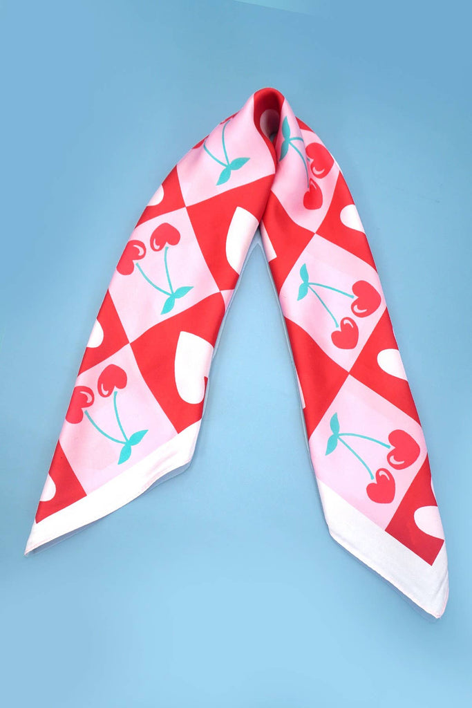 CHERRY HEART SILKY FEEL BANDANA SCARF - The Edit LLC
