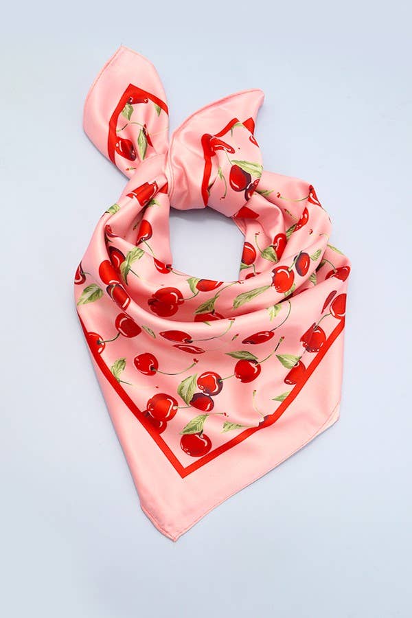 CHERRY PRINT SILKY FEEL BANDANA SCARF | 40SC626: Pink - The Edit LLC