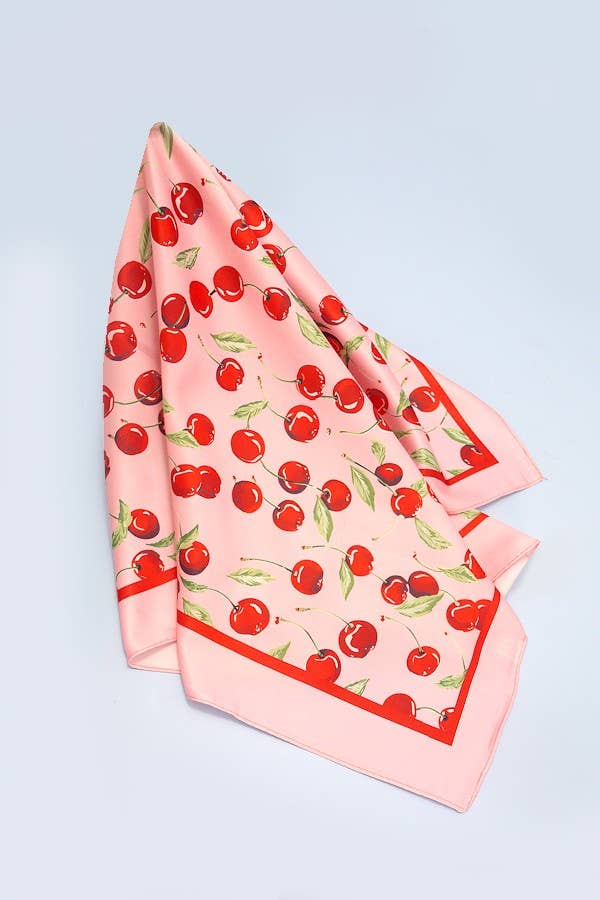 CHERRY PRINT SILKY FEEL BANDANA SCARF | 40SC626: Pink - The Edit LLC