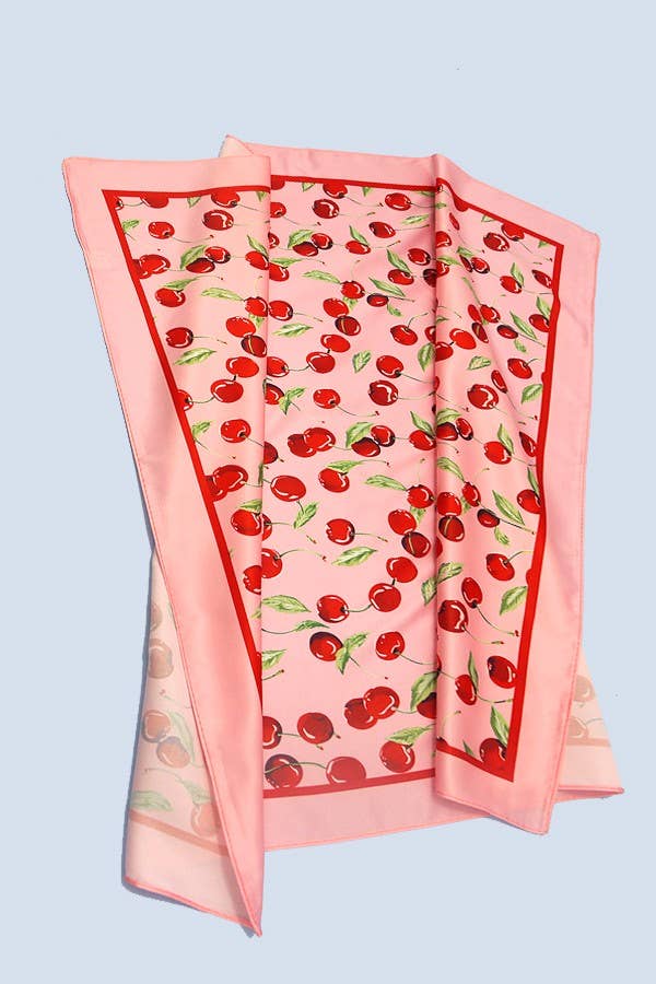 CHERRY PRINT SILKY FEEL BANDANA SCARF | 40SC626: Pink - The Edit LLC