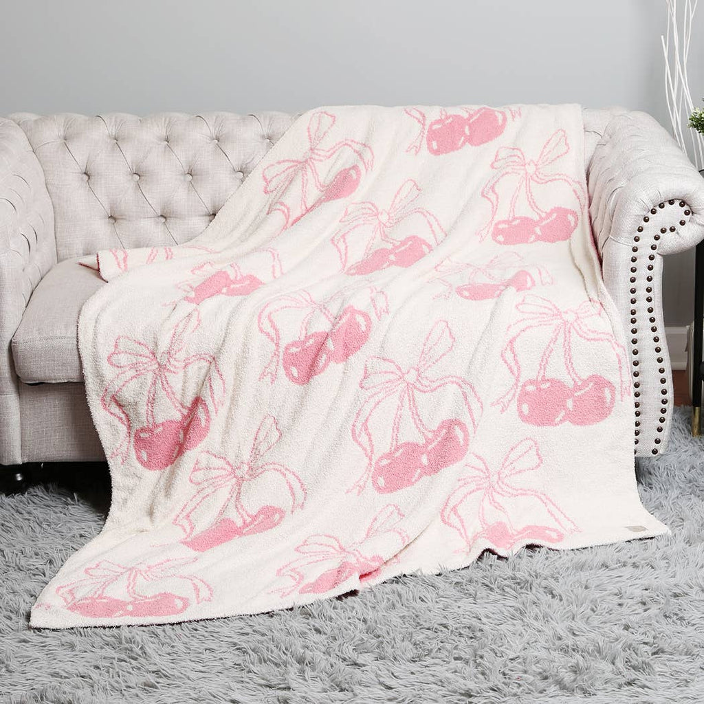 Cherry with Bow Print Cozy Soft Throw Blanket : Pink / ONE SIZE - The Edit LLC