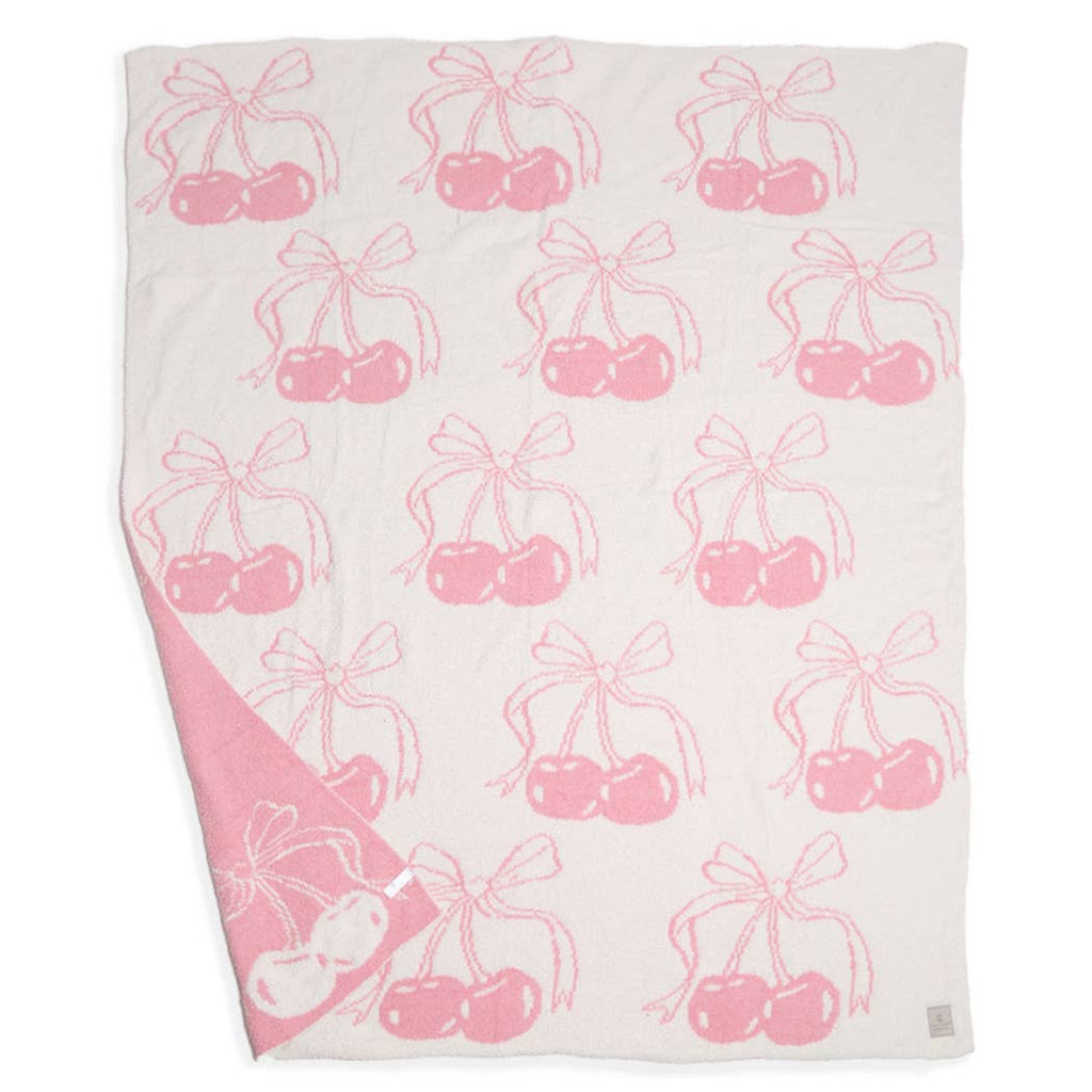 Cherry with Bow Print Cozy Soft Throw Blanket : Pink / ONE SIZE - The Edit LLC