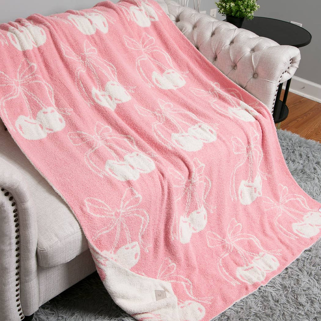 Cherry with Bow Print Cozy Soft Throw Blanket : Pink / ONE SIZE - The Edit LLC