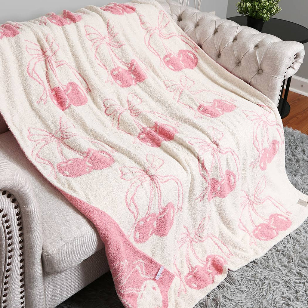 Cherry with Bow Print Cozy Soft Throw Blanket : Pink / ONE SIZE - The Edit LLC