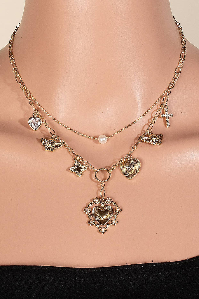 Cherub And Heart Charms Chain Necklace: GDCRM - The Edit LLC