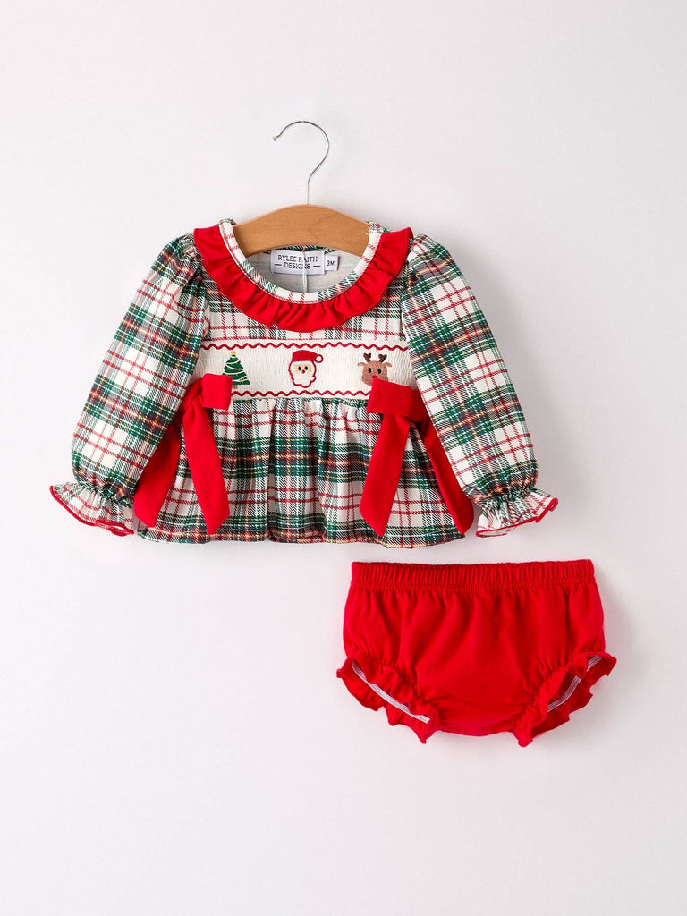 Christmas Plaid Smocking Embroidered Girls Bloomers Romper Set - The Edit LLC