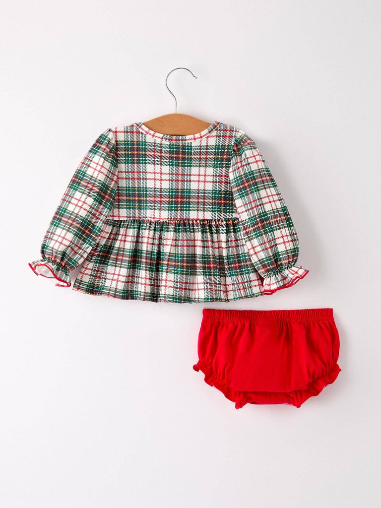 Christmas Plaid Smocking Embroidered Girls Bloomers Romper Set - The Edit LLC