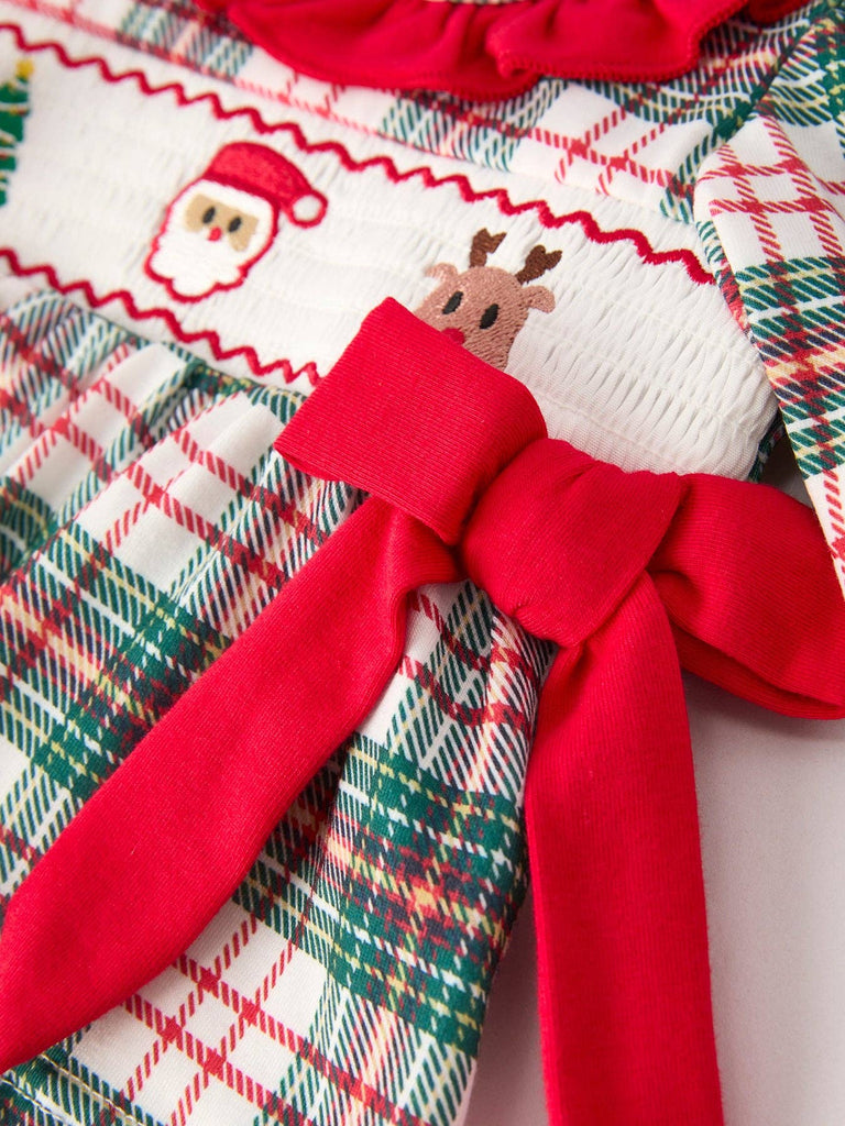Christmas Plaid Smocking Embroidered Girls Bloomers Romper Set - The Edit LLC
