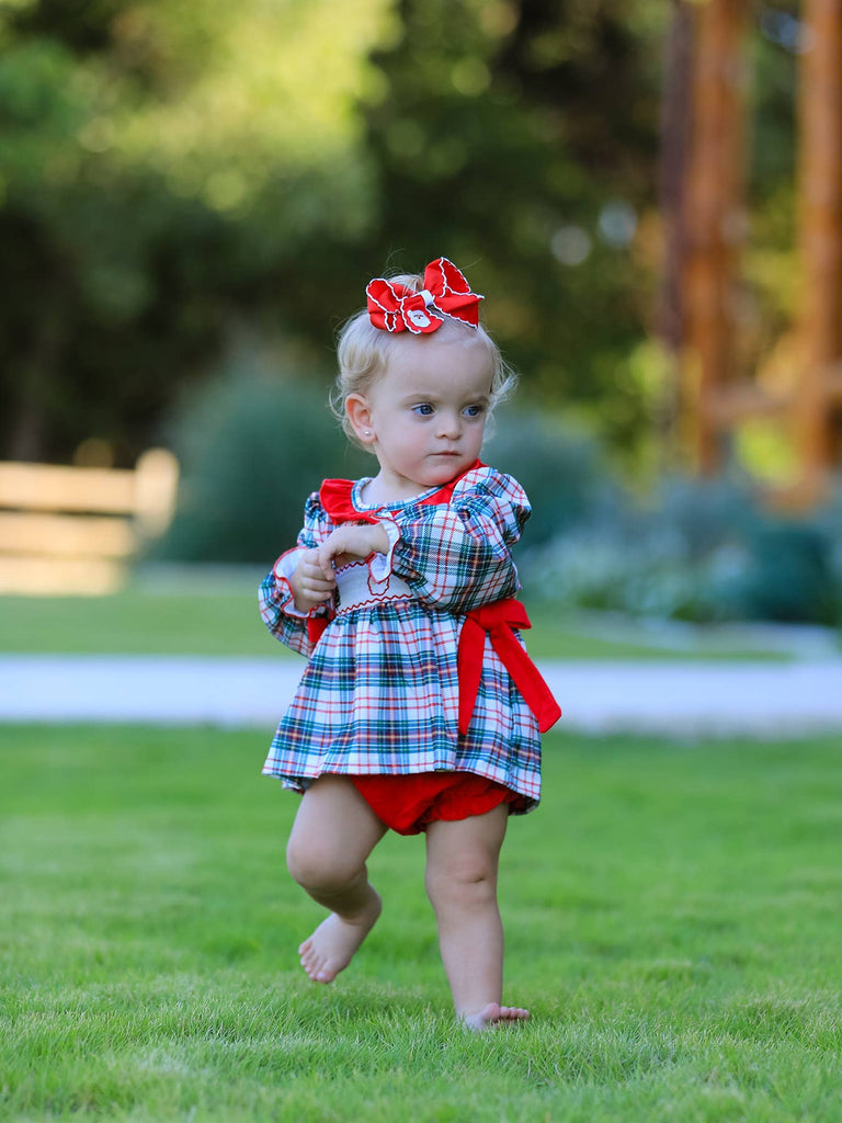 Christmas Plaid Smocking Embroidered Girls Bloomers Romper Set - The Edit LLC