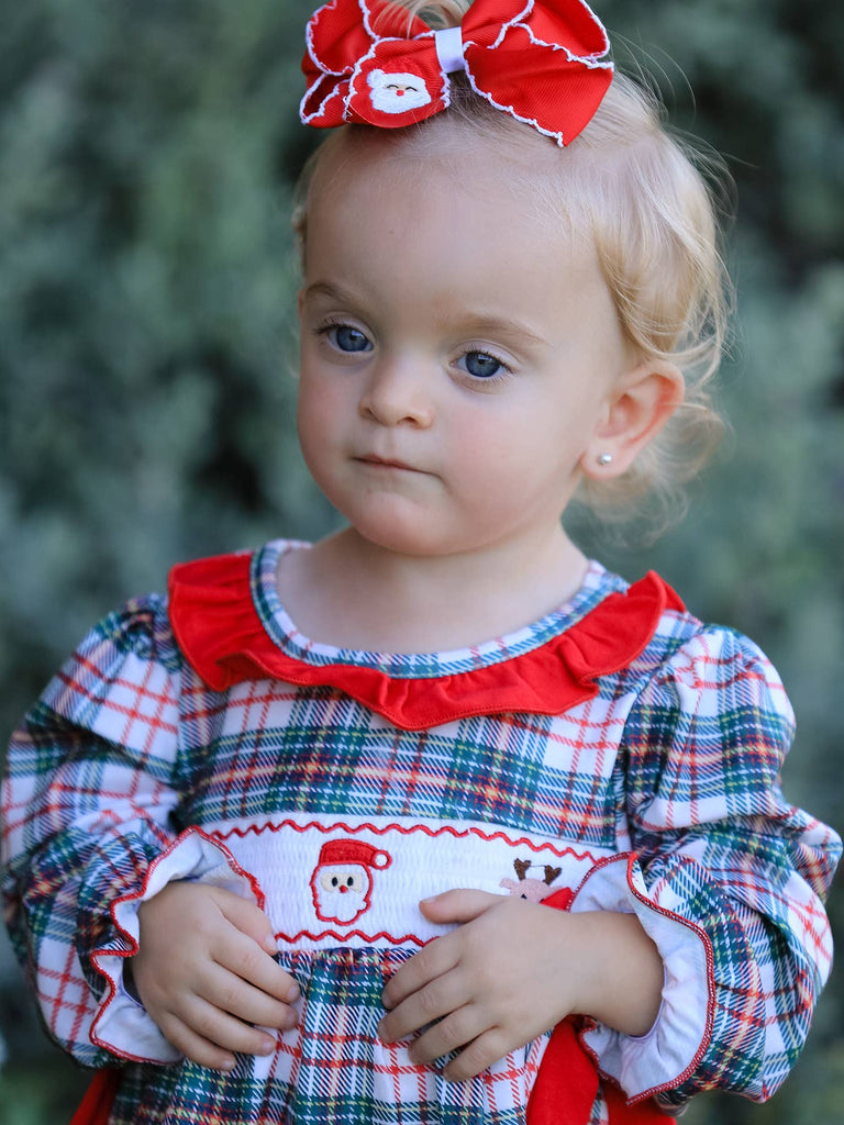 Christmas Plaid Smocking Embroidered Girls Bloomers Romper Set - The Edit LLC