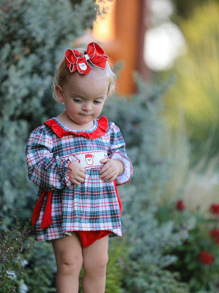 Christmas Plaid Smocking Embroidered Girls Bloomers Romper Set - The Edit LLC