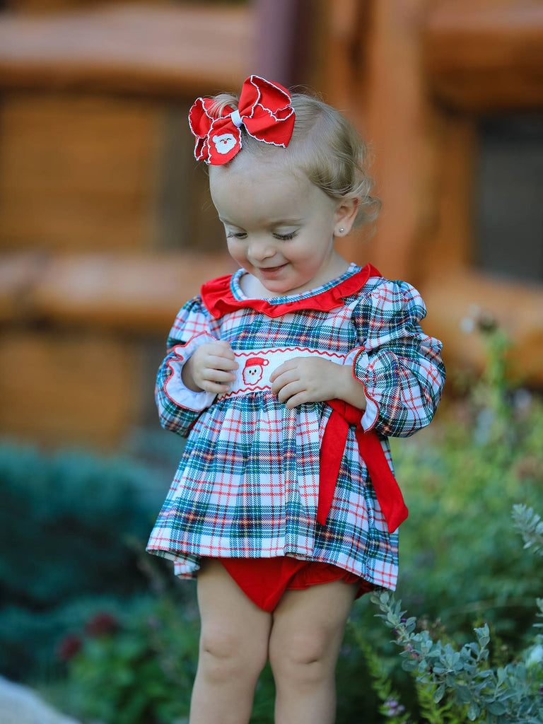 Christmas Plaid Smocking Embroidered Girls Bloomers Romper Set - The Edit LLC